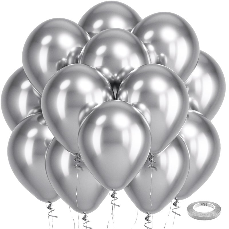 Bezente Silver Metallic Chrome Latex Balloons, 100 Pack 12 inch Silver Round Helium Balloons for New Years Wedding Anniversary Bridal Shower Birthday Engagement Party Decorations - Image 1